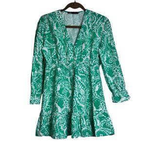 Zara Women’s Medium White Green Paisley Long Sleeve Dress Mini Ruffle Coastal